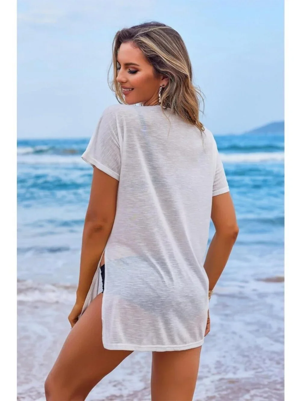 Women's White Stylish Short Sleeve Cover Ups for Beach Bathing Suit Swimwear